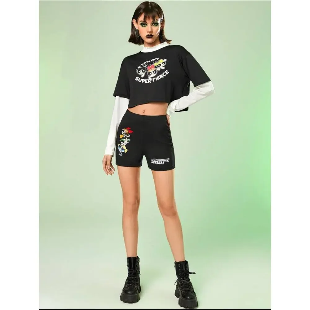 Romwe Powerpuff Girls Cartoon Letter Graphic Biker Black Shorts Plus Size 3XL - Picture 14 of 14